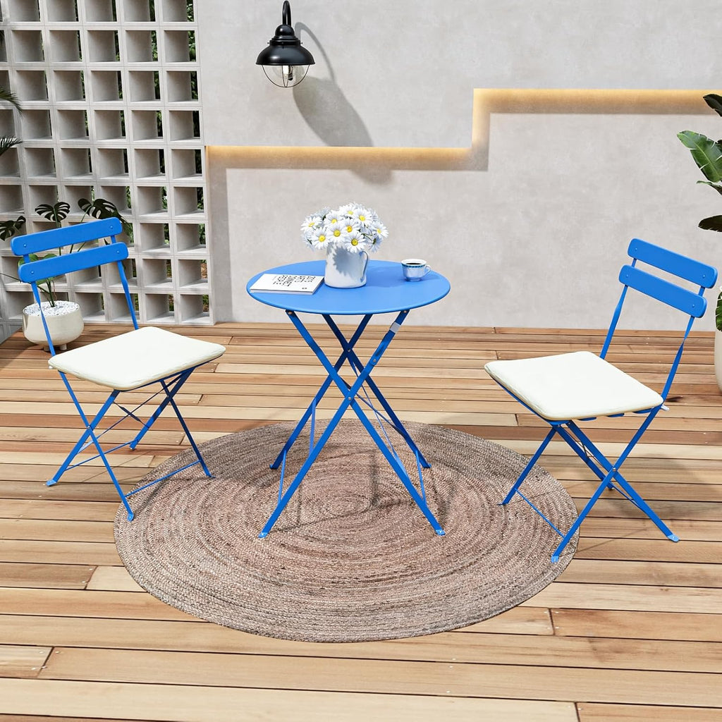 Patio Bistro Set Outdoor Furniture Set Folding Bistro Table and Chairs Conversation Set for Bistro Balcony Porch Yard Garden(Blue with Cushion)