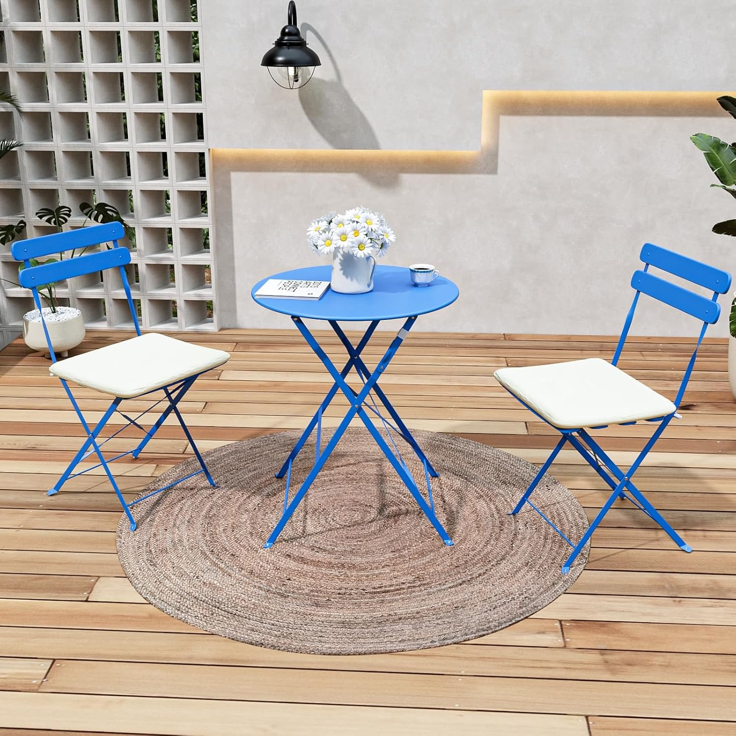 Patio Bistro Set Outdoor Furniture Set Folding Bistro Table and Chairs Conversation Set for Bistro Balcony Porch Yard Garden(Blue with Cushion)