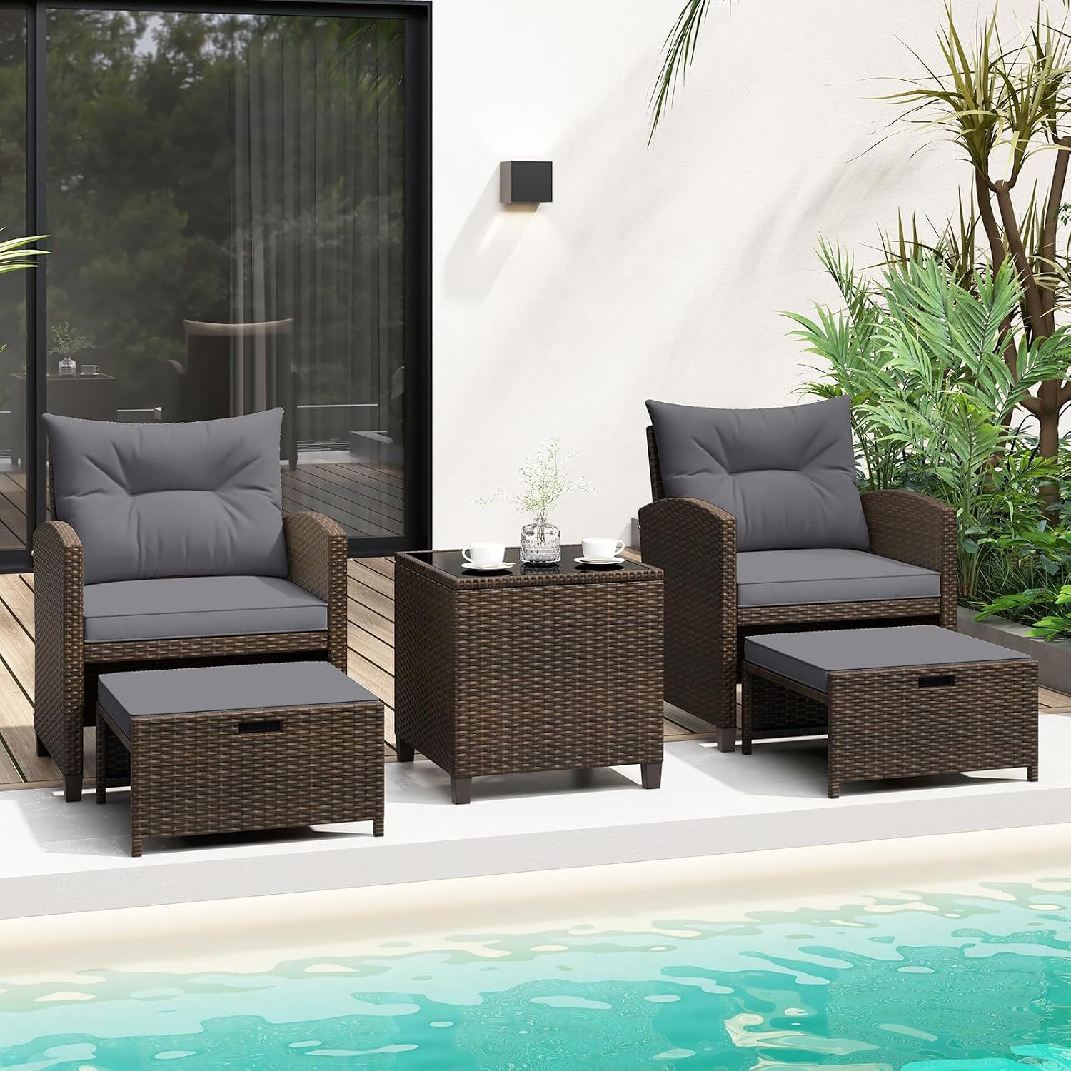 KOTEK 5 Pieces Patio Furniture Set with Ottomans, Wicker Patio Conversation Set with Coffee Table & Cushions, PE Rattan Outdoor Lounge Chairs for Backyard, Porch, Poolside (Mix Brown- Grey)