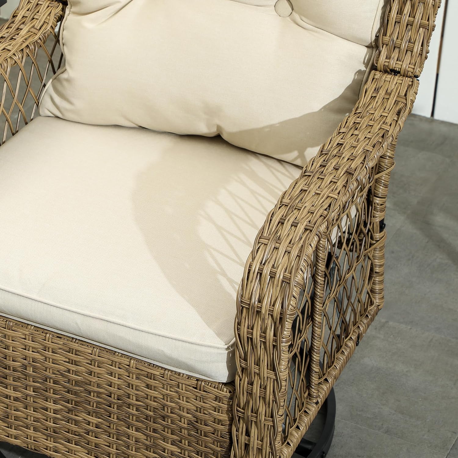 Outsunny PE Wicker Outdoor Bistro Set, Swivel Glider Patio Chairs and 2-Tier Storage Table with Slatted WPC Top, 3 Piece Patio Furniture Set with Cushions for Balcony, Porch, Backyard, Beige