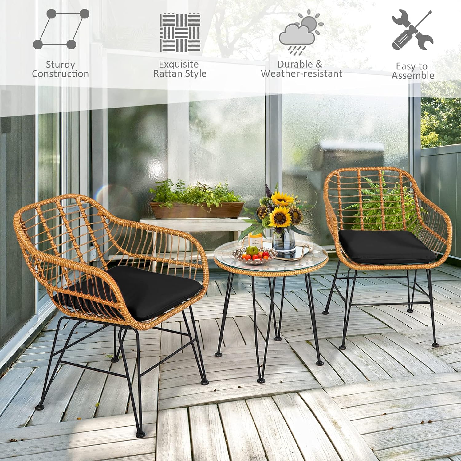Tangkula 3 Pieces Patio Bistro Set, Rattan Conversation Set with 2 Cushioned Armchairs & Round Glass Coffee Table, Indoor Outdoor Wicker Furniture Set for Balcony, Backyard, Garden, Poolside