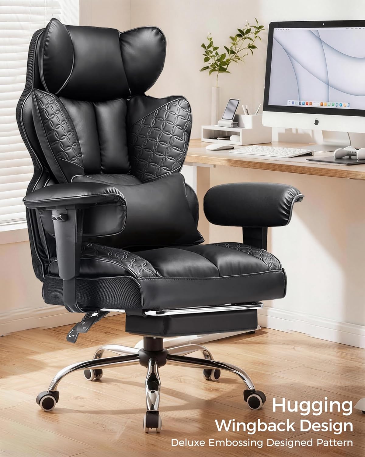 COMHOMA Big and Tall Office Chair Heavy Duty Gaming Chair with Deluxe Embossing Leather High Back Wider Ergonomic Computer Chair with Foot Rest 150°Reclining Pocket Spring Lumbar Support