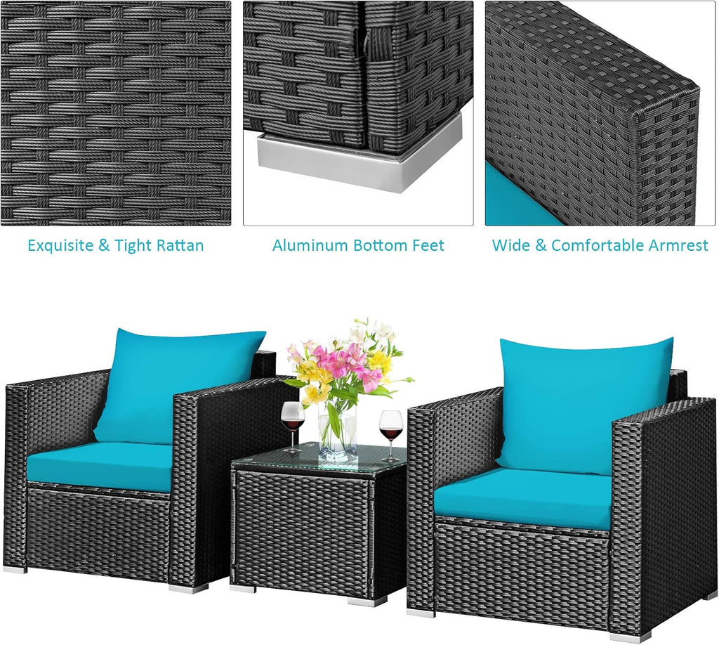 Tangkula 3 Pieces Patio Furniture Set, PE Rattan Wicker Sofa Set w/Washable Cushion Cover and Tempered Glass Tabletop, Outdoor Conversation Furniture for Garden