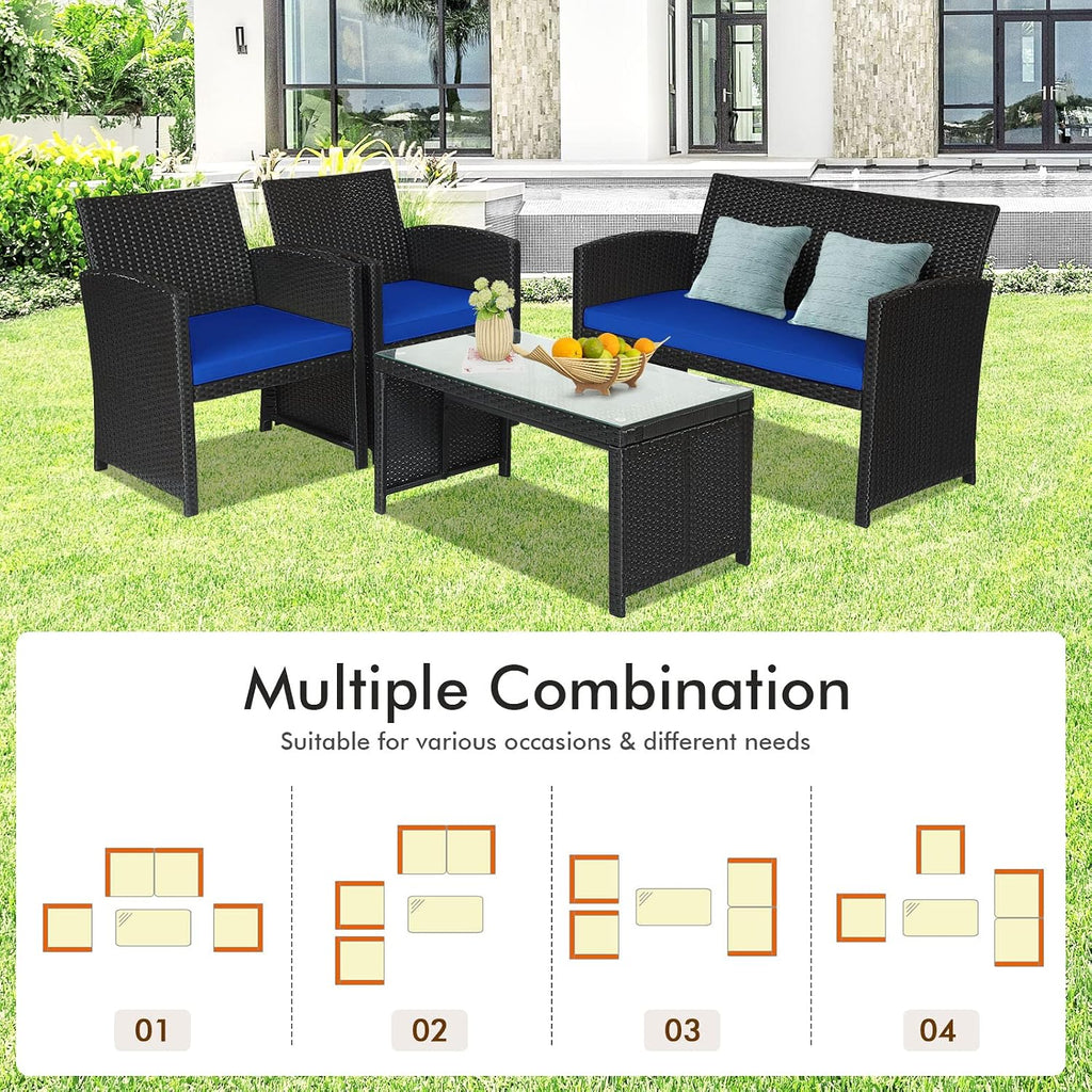 Goplus Rattan Patio Furniture Set 4 Pieces, Outdoor Wicker Conversation Sofa and Table Set with Soft Cushions & Tempered Glass Coffee Table for Balcony Garden Backyard (Blue)