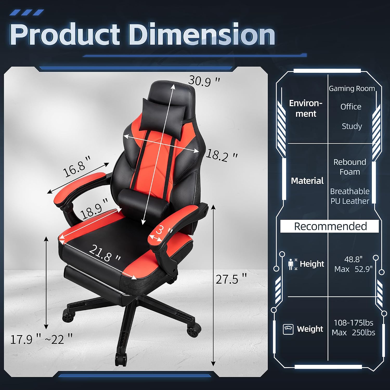 Gaming Chairs for Adults, Computer Chair with Footrest, High Back, Big and Tall Gamer Chair's with Massage Lumbar Support, 360° Swivel Height Adjustable Computer Chaires, Dark Red