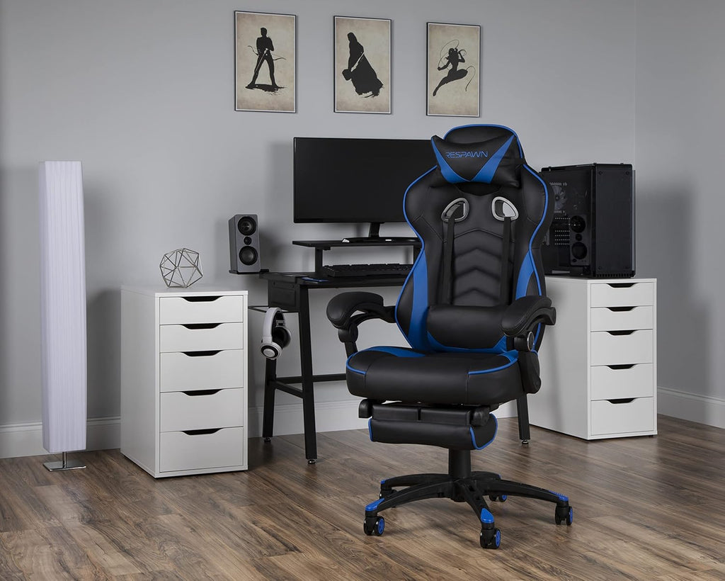 RESPAWN 110 Ergonomic Gaming Chair with Footrest Recliner - Racing Style High Back PC Computer Desk Office Chair - 360 Swivel, Adjustable Lumbar Support, Headrest Pillow, Padded Armrests - 2019 Blue