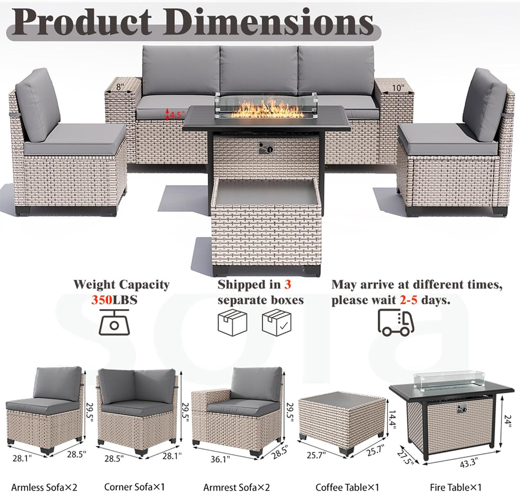 7 Pieces Patio Furniture Set with Fire Pit Table, Outdoor Sectional Wicker Sofa with Thickened Cushions and Coffee Table, High Back Rattan Patio Conversation Sets, Grey