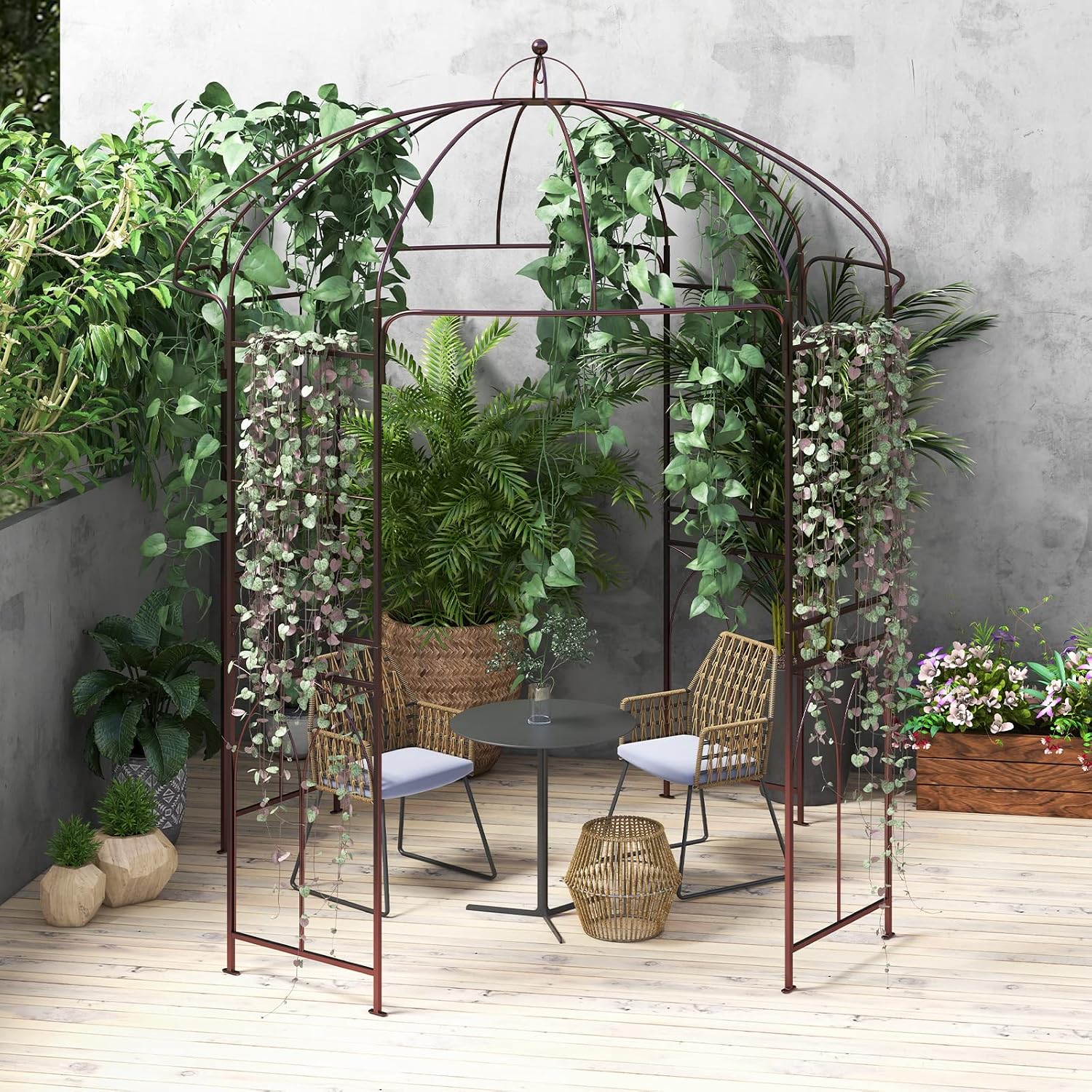 Giantex Birdcage Shape Garden Arbor, 8.4ft High x 7ft Wide, Metal Gazebo Arch Pergola Pavilion for Climbing Plants Party Wedding Ceremony Decor Outdoor, 16 Ground Stakes, Easy Assembly (Bronze)