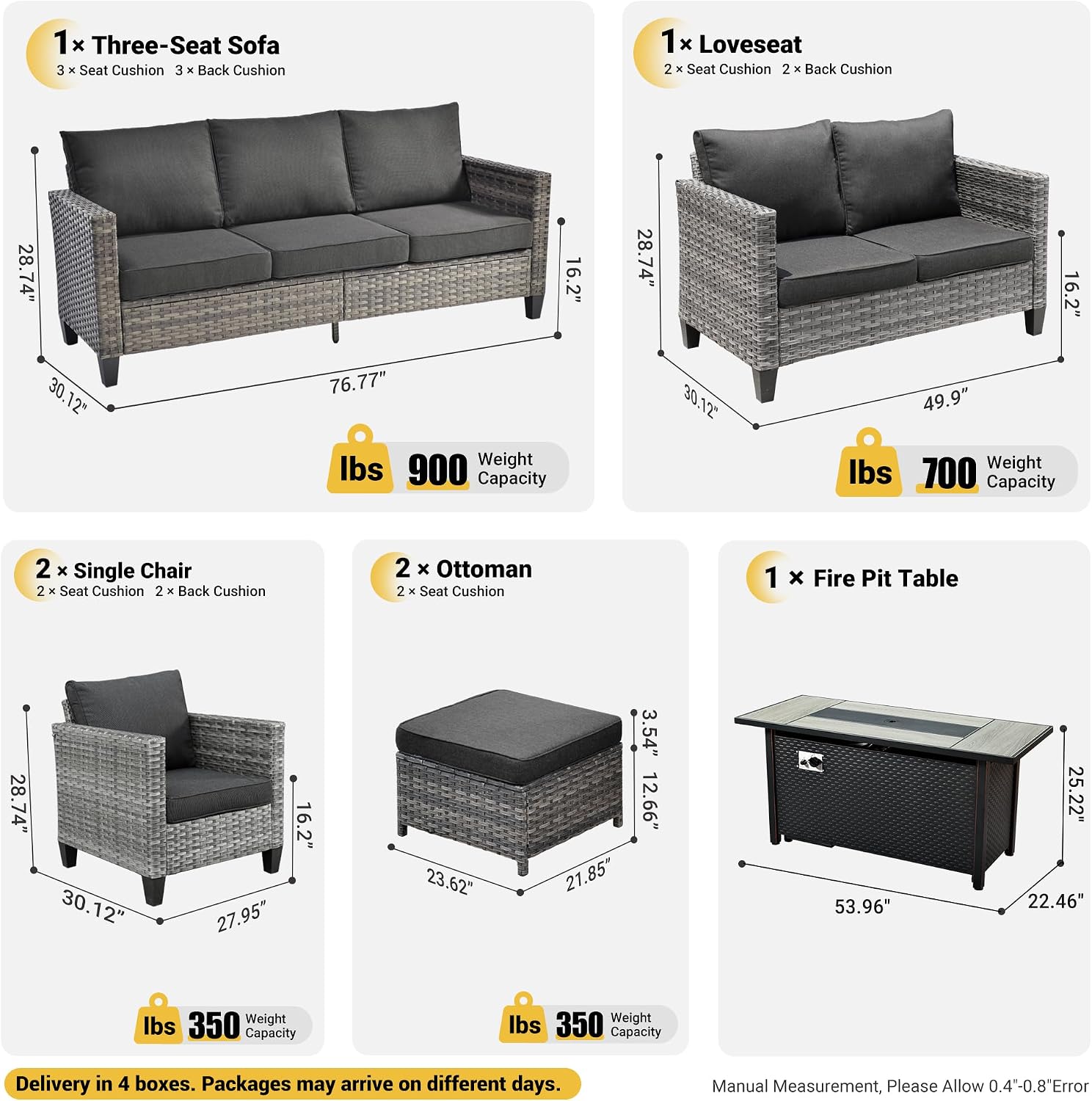 ovios 7 Pieces Patio Furniture Set with 54' Fire Pit Table, Outdoor Wicker Sofa with Comfy Cushions, All Weather High Back Rattan Couch Conversation Set, Black
