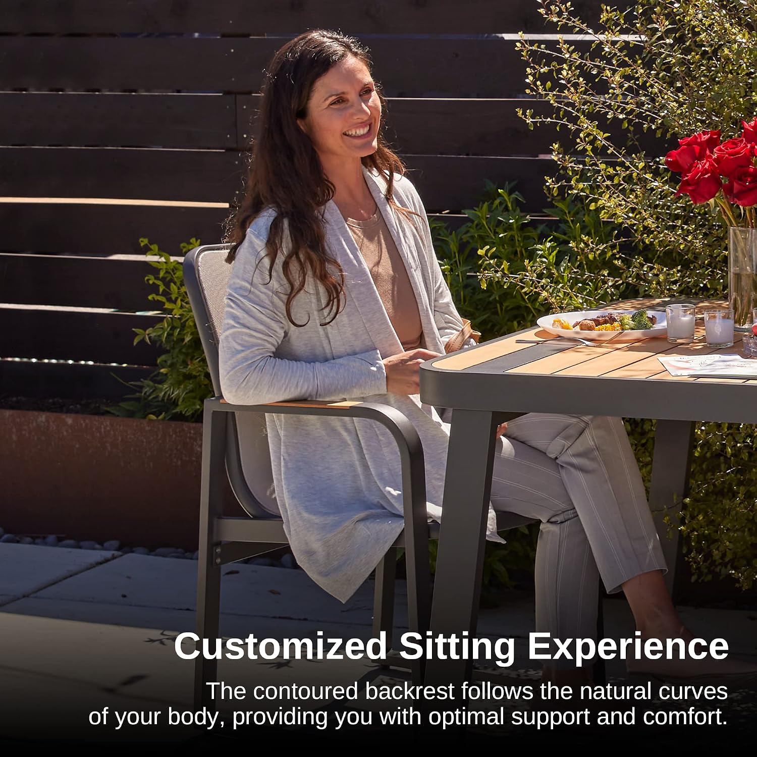 EAST OAK Signature 5 Pieces Outdoor Dining Set, Patio Furniture Set with Finest Teak Wood, Powder-Coated Aluminum Frame Table and Teslin Fabric Chairs, Patio Dining Set for Garden and Yard, Dark Grey