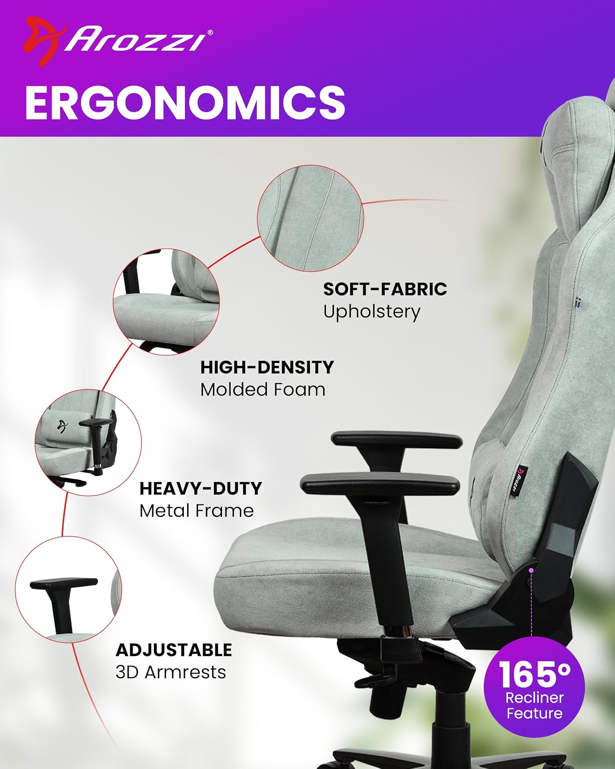 Arozzi Vernazza Gaming Chair - Soft Fabric Gaming Chairs for Adults Adjustable Height, Large Spacious Seat & Backrest with Support Pillows - Swedish Design Home Office Computer Chairs, Pearl Green