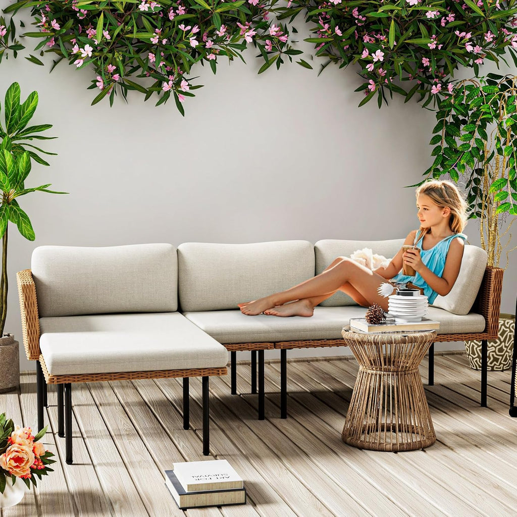 DECMICO 3-Piece Patio Furniture Set, L-Shaped Outdoor Sectional Sofa with Thick Cushions, All-Weather Rattan Conversation Set, Boho Style Detachable 3-Seater Lounger (Beige)