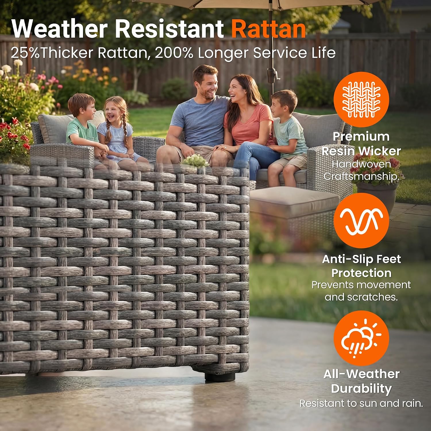 Wisteria Lane Patio Furniture Set, 5 Pieces Wicker Outdoor Furniture for All Weather, Patio Sofa with High Backrest Support and Wide Armrest for Backyard, Balcony, Deck, Porch, Ash Gray