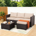 Rattan Star Patio Furniture Set 3 Piece Outdoor Sectional Sofa Set with Wicker Couch, Ottoman, Patio Table All-Weather Non-Slip Cushions and Waterproof Covers, Khaki