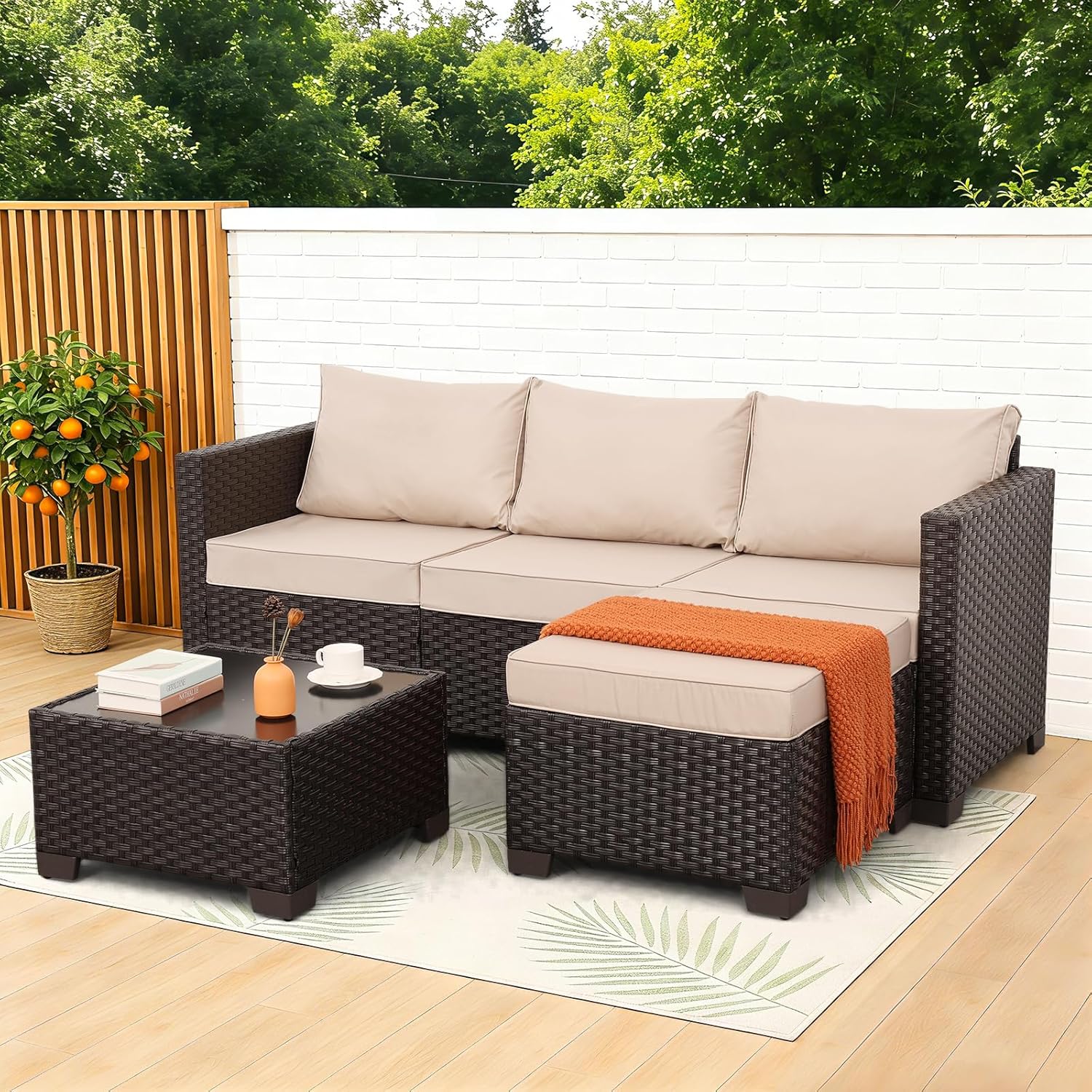 Rattan Star Patio Furniture Set 3 Piece Outdoor Sectional Sofa Set with Wicker Couch, Ottoman, Patio Table All-Weather Non-Slip Cushions and Waterproof Covers, Khaki