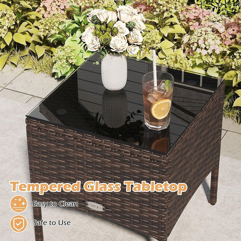 Tangkula 3 Pieces Patio PE Wicker Furniture Set, Outdoor Bistro Conversation Set with Cushions and Tempered Glass Coffee Table, Outside Rattan Table and Chairs for Porch (Beige)