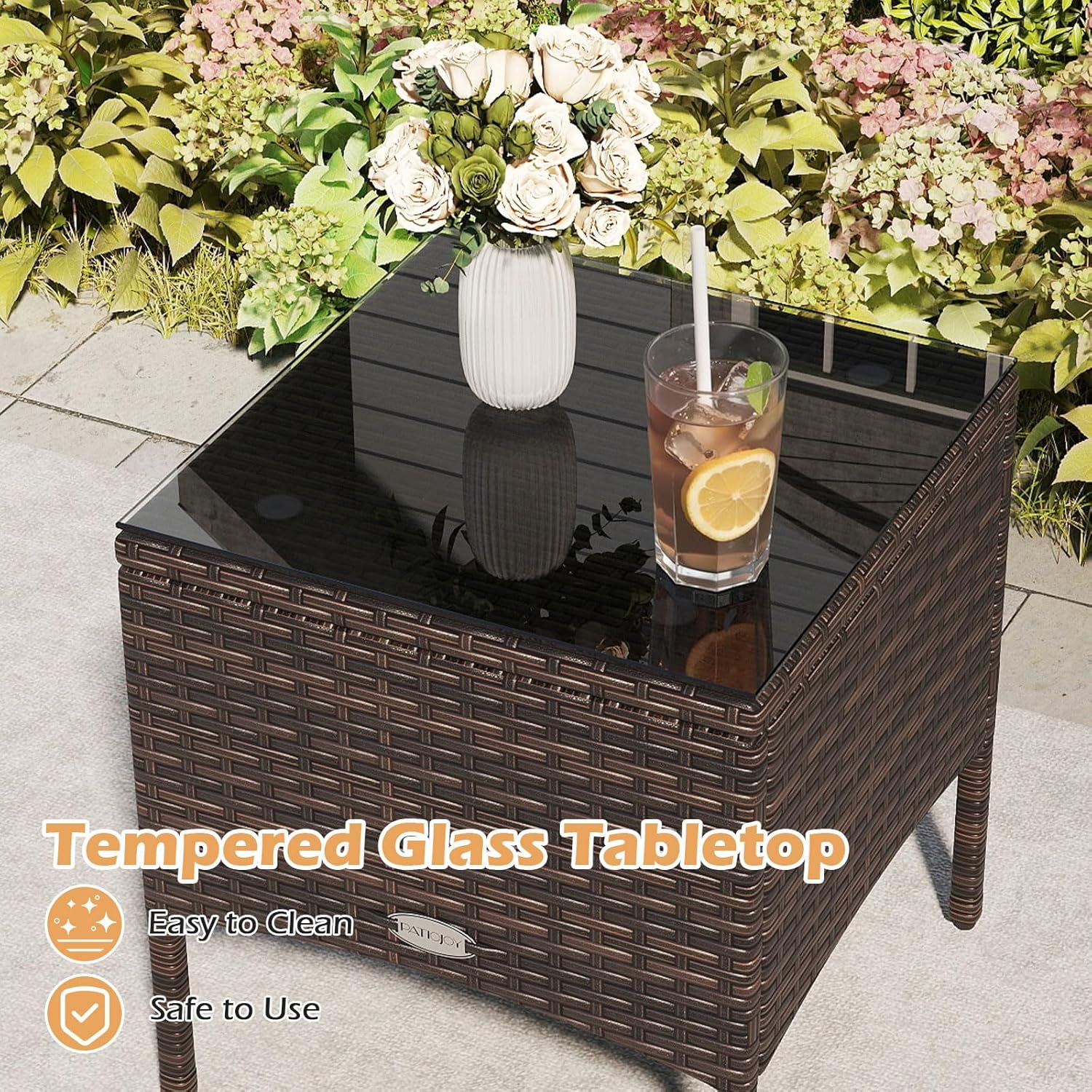 Tangkula 3 Pieces Patio PE Wicker Furniture Set, Outdoor Bistro Conversation Set with Cushions and Tempered Glass Coffee Table, Outside Rattan Table and Chairs for Porch (Gray)