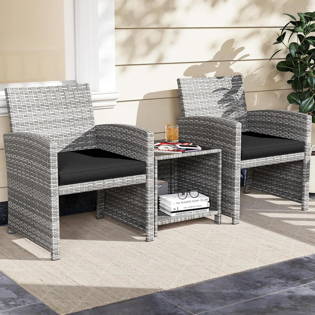 KOTEK 3 Piece Patio Furniture Set, Outdoor Wicker Patio Chairs with Cushions & Storage Table, PE Rattan Bistro Set for Porch, Backyard, Balcony (Black)