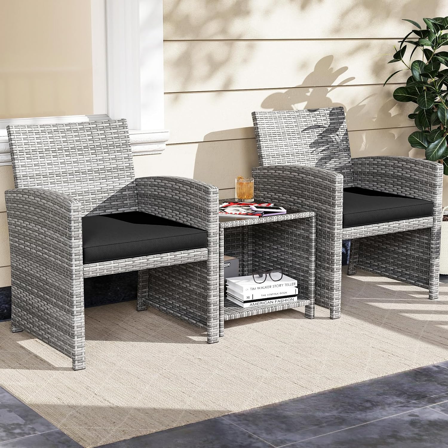 KOTEK 3 Piece Patio Furniture Set, Outdoor Wicker Patio Chairs with Cushions & Storage Table, PE Rattan Bistro Set for Porch, Backyard, Balcony (Black)