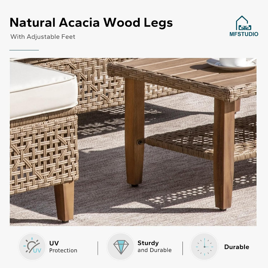 MFSTUDIO L Shaped Outdoor Couch Set, Wicker Patio Furniture Set, Rattan Outdoor Sectional Sofa with Acacia Wood Coffee Table, 3 Pieces Small Patio Conversation Set for Backyard, Beige