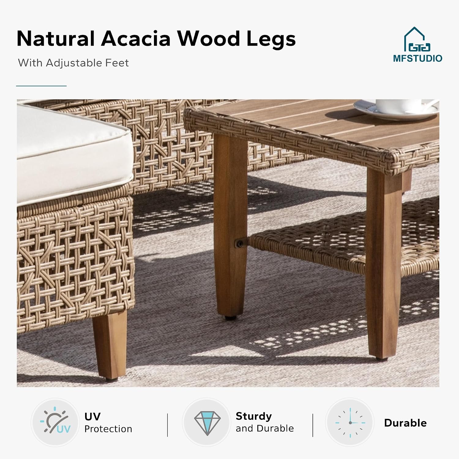 MFSTUDIO L Shaped Outdoor Couch Set, Wicker Patio Furniture Set, Rattan Outdoor Sectional Sofa with Acacia Wood Coffee Table, 3 Pieces Small Patio Conversation Set for Backyard, Beige
