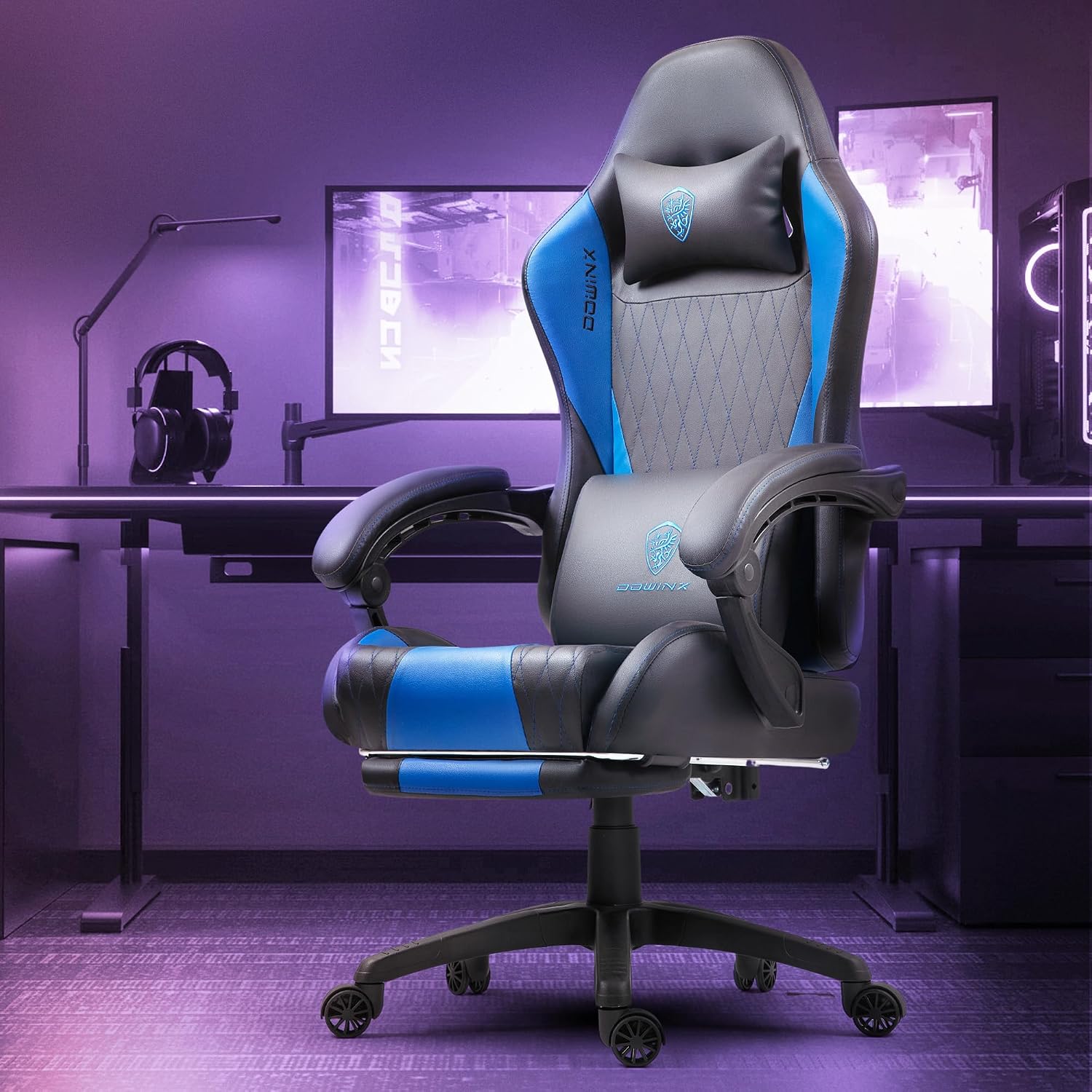 Dowinx Gaming Chair with Massage Lumbar Support and Footrest, Gaming Chairs for Adults, Ergonomic Computer Chair High Back with Pocket Spring Cushion, Swivel Recliner with Headrest, Blue