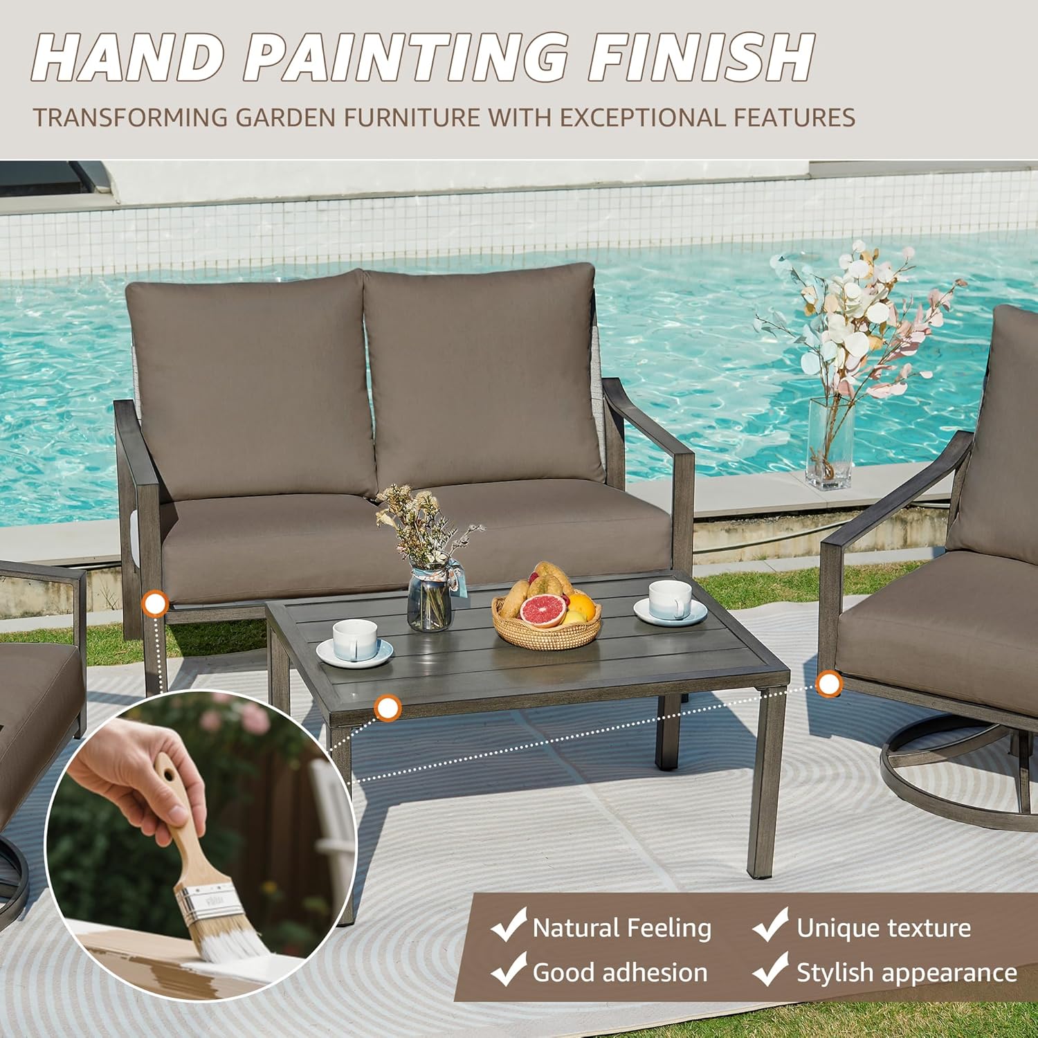 NATURAL EXPRESSIONS Patio Furniture Set,4 Piece Outdoor Conversation Metal Swivel Rocking Chairs Set with Hand-Woven Rope High Back,Sturdy Hand Brushed Wood Grain Finish Frame,6' Cushions for Yard
