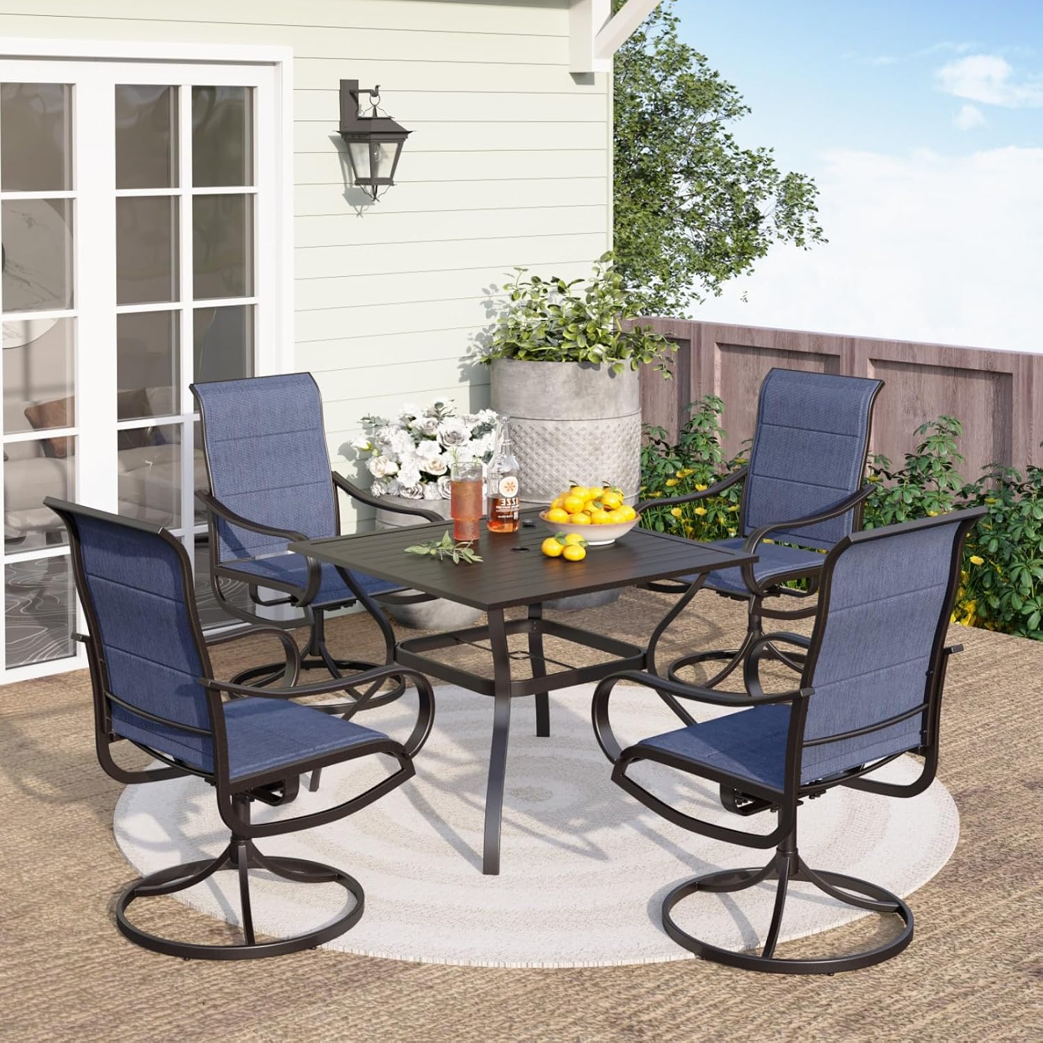 PHI VILLA 5 PCS Patio Dining Set with 4 Padded Outdoor Swivel Dining Chairs(Blue) and 37'x 37' Metal Steel Dining Table(1.57' Umbrella Hole), Outdoor Dining Table & Chairs Set for Deck Lawn Garden