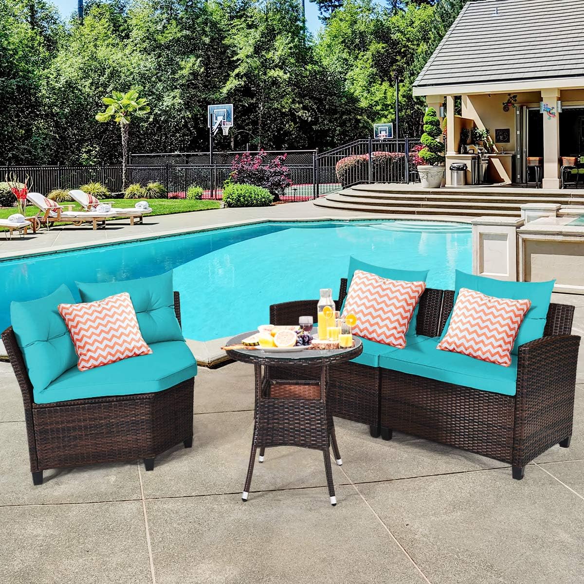 Tangkula 4-Piece C Shape Patio Furniture Set, Outdoor Corner Wicker Rattan Sectional Cushioned Sofa Set, with Glass Coffee Table, for Garden Poolside Balcony (Turquoise)