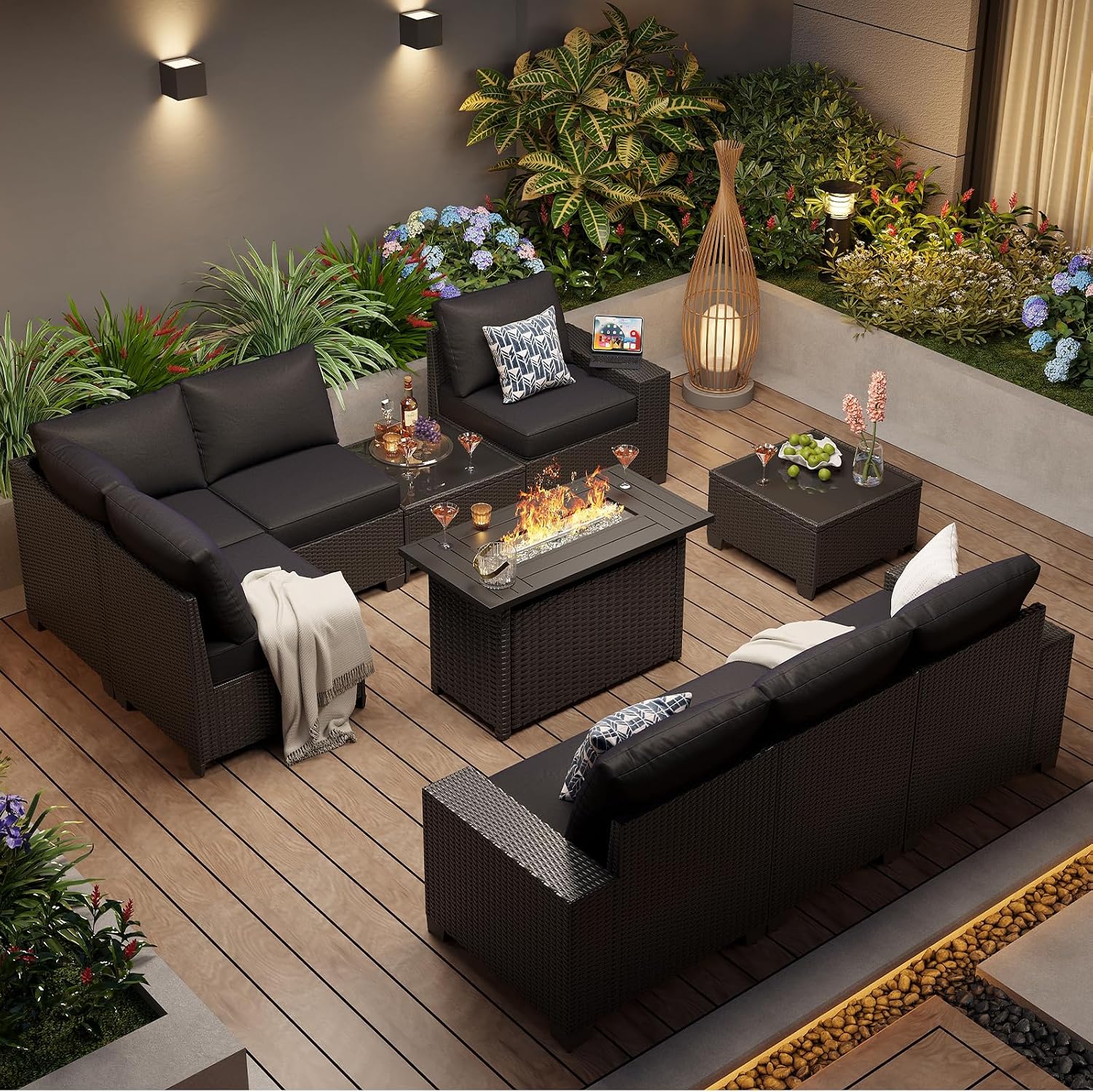 Aoxun 10-Piece Sectional Sofa with 44' Fire Pit, 4' Thicken Cushion, Widen Armrests Wicker for Backyard with Coffee Table, Black