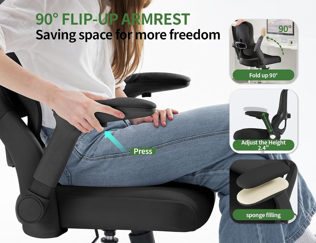 Office Chair - Ergonomic Desk Chair with Adjustable Headrest Lumbar Support Computer Chair - Mesh Comfy Chairs with Flip-up Armrests - Big and Tall Gaming Chairs for Adults Home Office(Black)