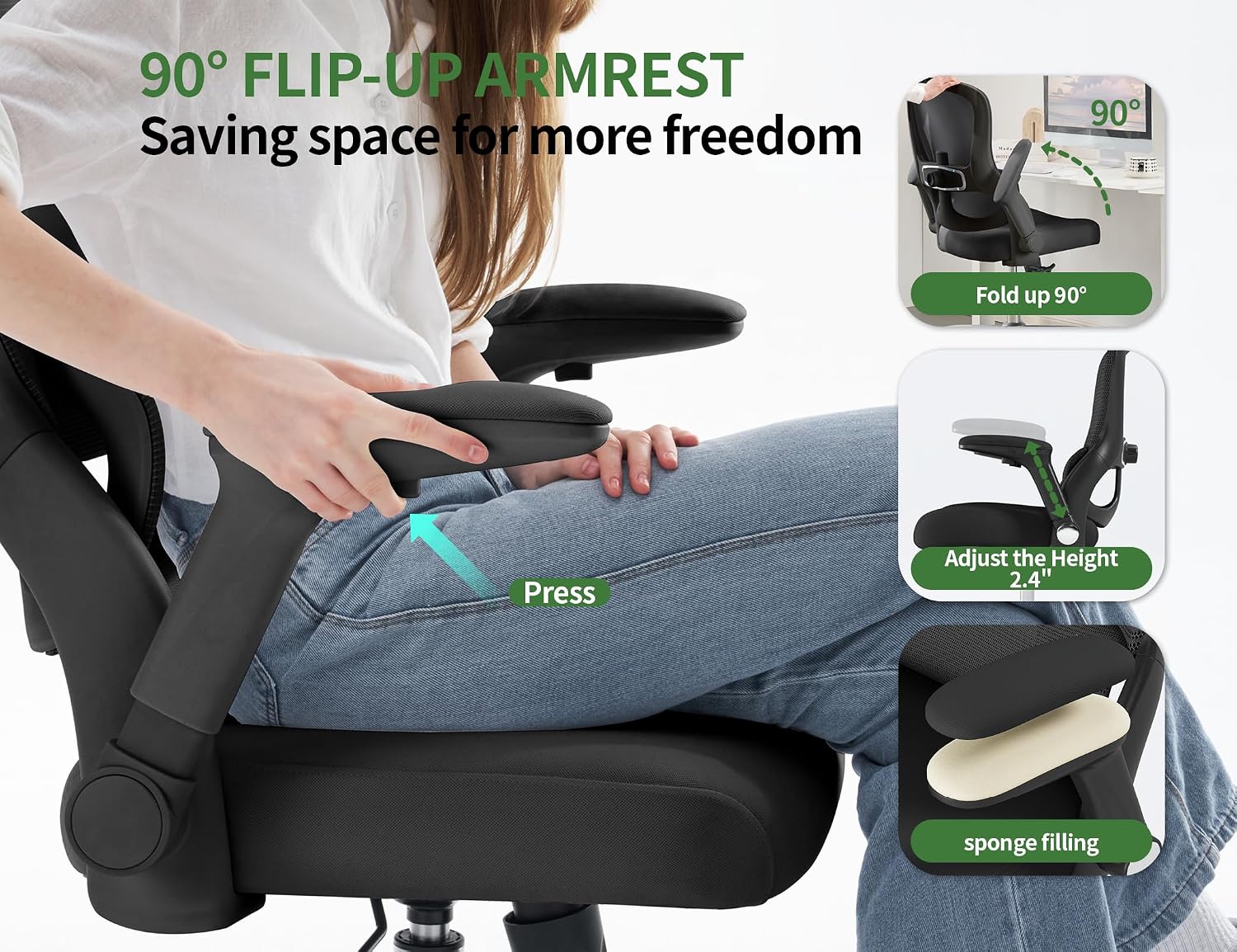 Office Chair - Ergonomic Desk Chair with Adjustable Headrest Lumbar Support Computer Chair - Mesh Comfy Chairs with Flip-up Armrests - Big and Tall Gaming Chairs for Adults Home Office(Black)