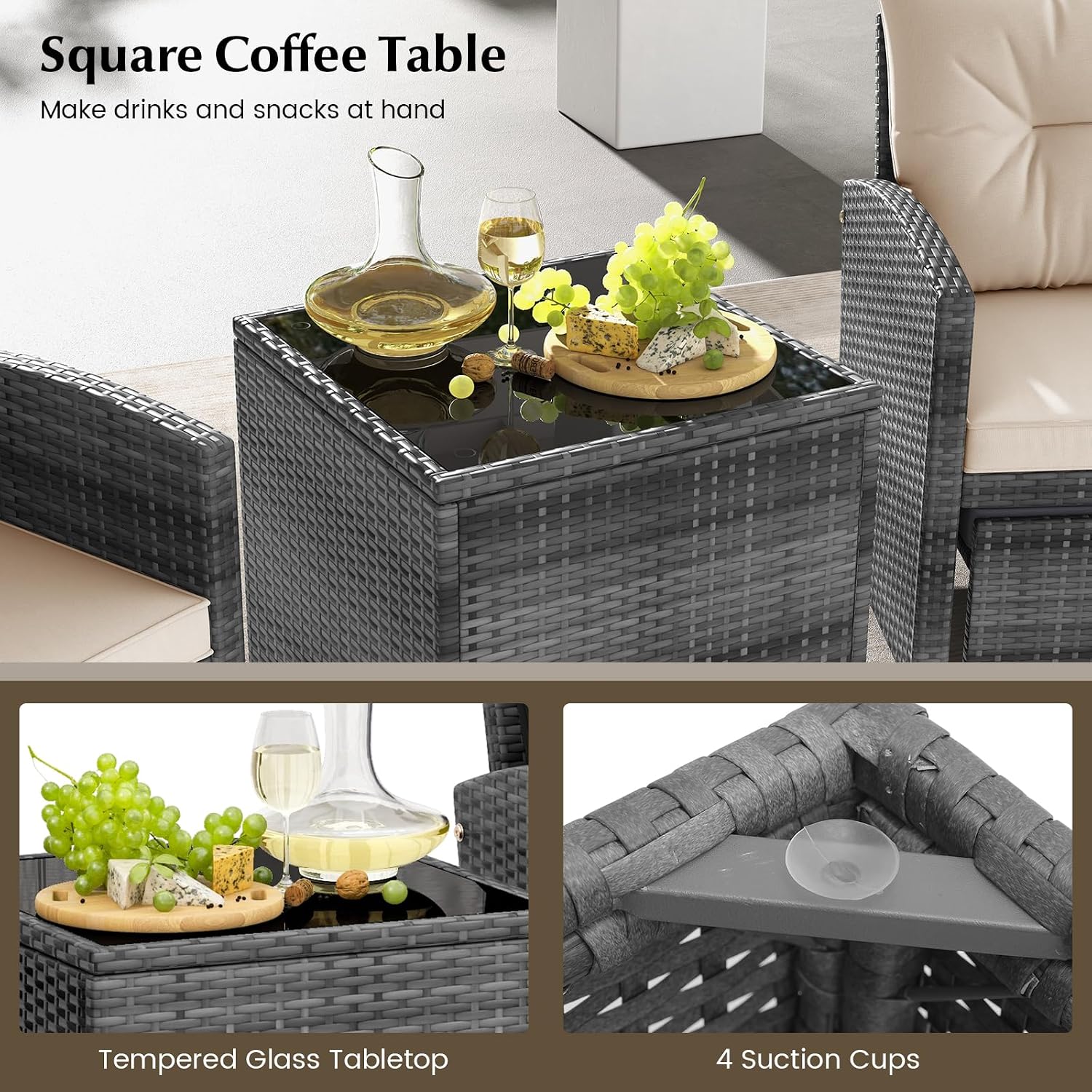 KOTEK 5 Pieces Patio Furniture Set with Ottomans, Wicker Patio Conversation Set with Coffee Table & Cushions, PE Rattan Outdoor Lounge Chairs for Backyard, Porch, Poolside (Mix Grey- Beige)