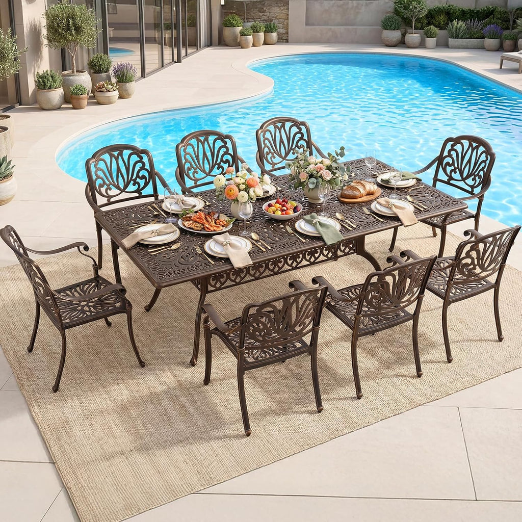 VINGLI 9-Piece Cast Aluminum Outdoor Dining Set for 8, Rectangular Patio Table with Umbrella Hole & 8 Stackable Chairs, All-Weather Garden/Poolside Furniture