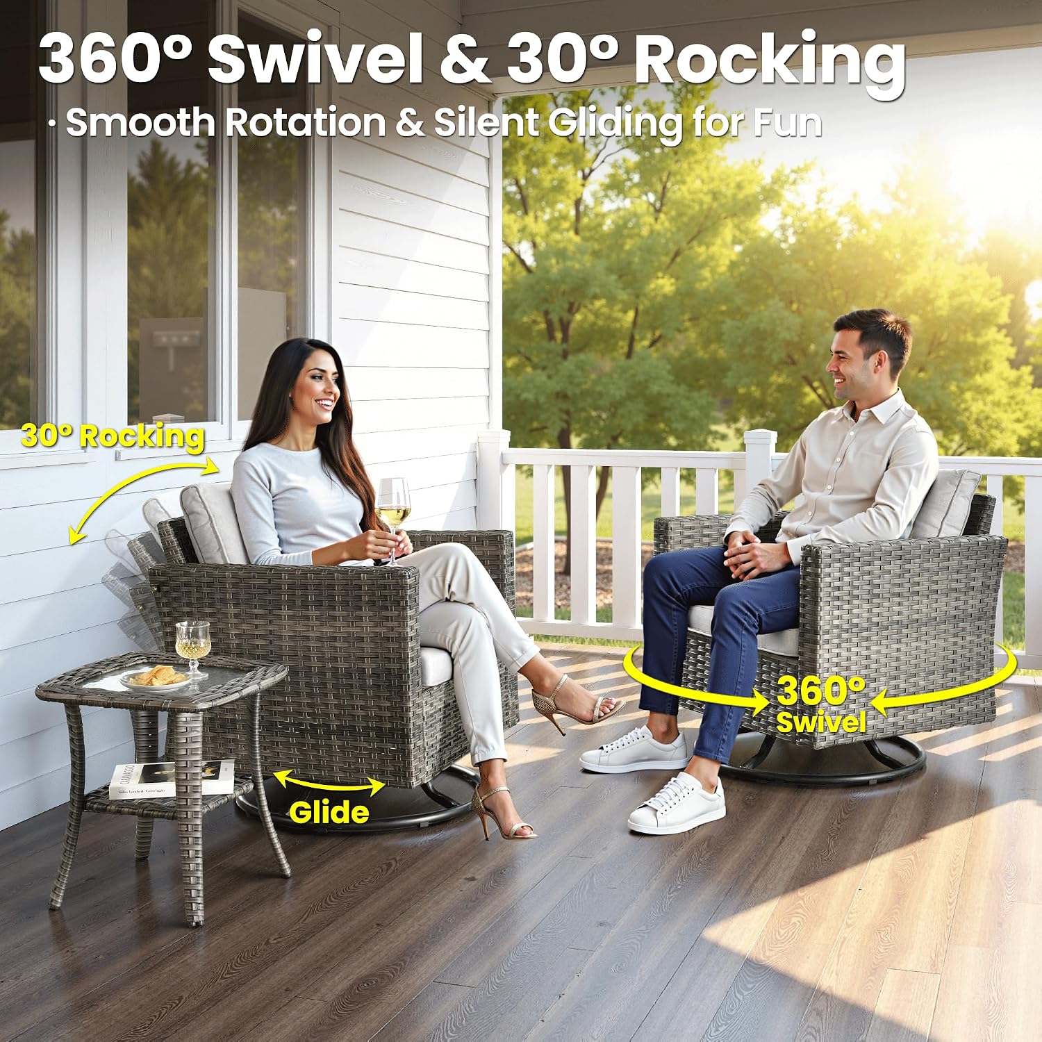 ovios 7-Pieces Patio Furniture Set, Outdoor Wicker Sofa Couch with Swivel Glider Chairs Loveseat Comfy Cushions Modern Conversation Set for Backyard Porch, Grey