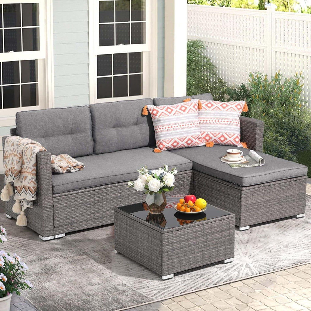 JOIVI 3-Piece Patio Furniture Set, Outdoor Wicker Rattan Sectional Sofa & Patio Couch with Cushions, Tempered Glass Coffee Table, All-Weather Sectional Set for Outdoor Patio, Gray
