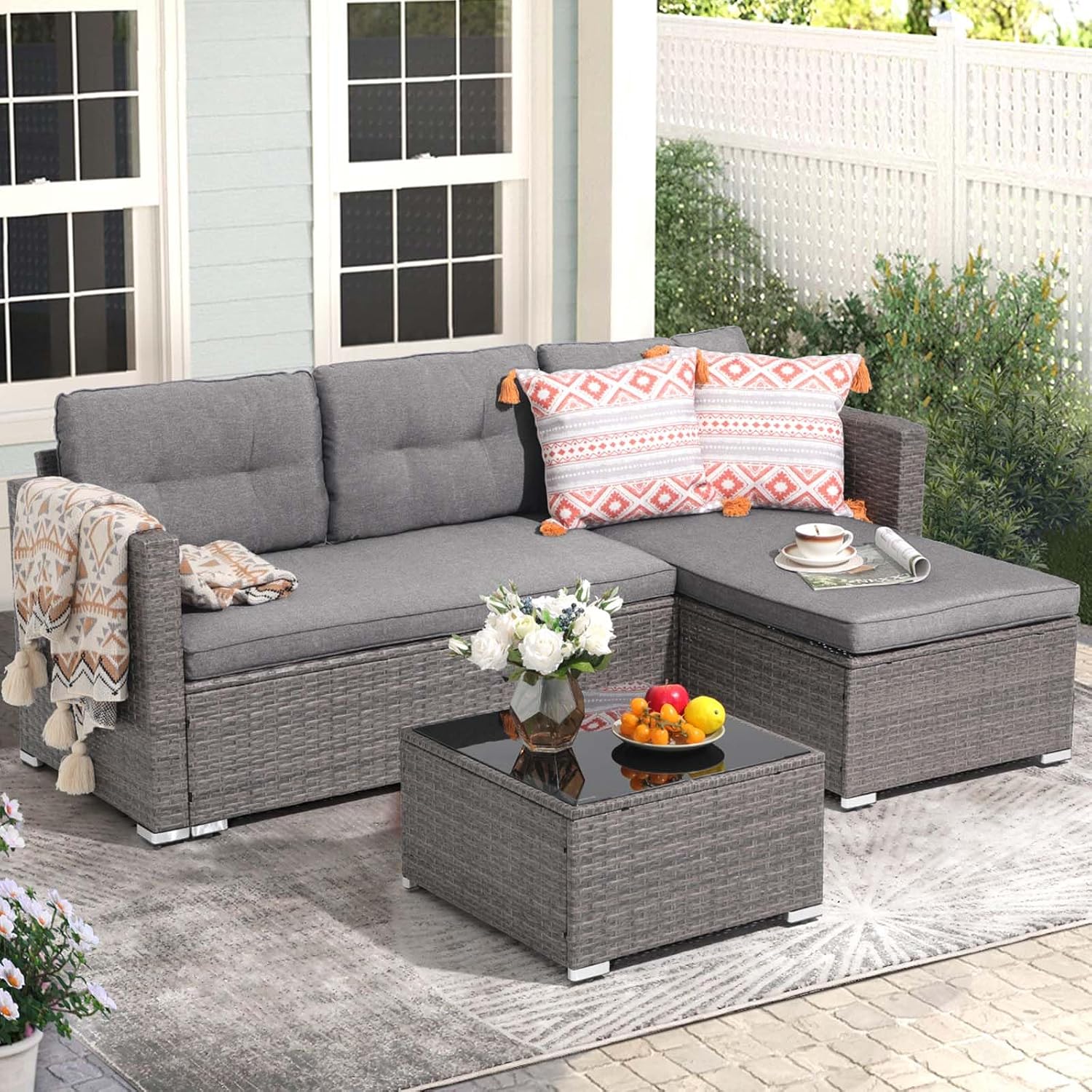 JOIVI 3-Piece Patio Furniture Set, Outdoor Wicker Rattan Sectional Sofa & Patio Couch with Cushions, Tempered Glass Coffee Table, All-Weather Sectional Set for Outdoor Patio, Gray
