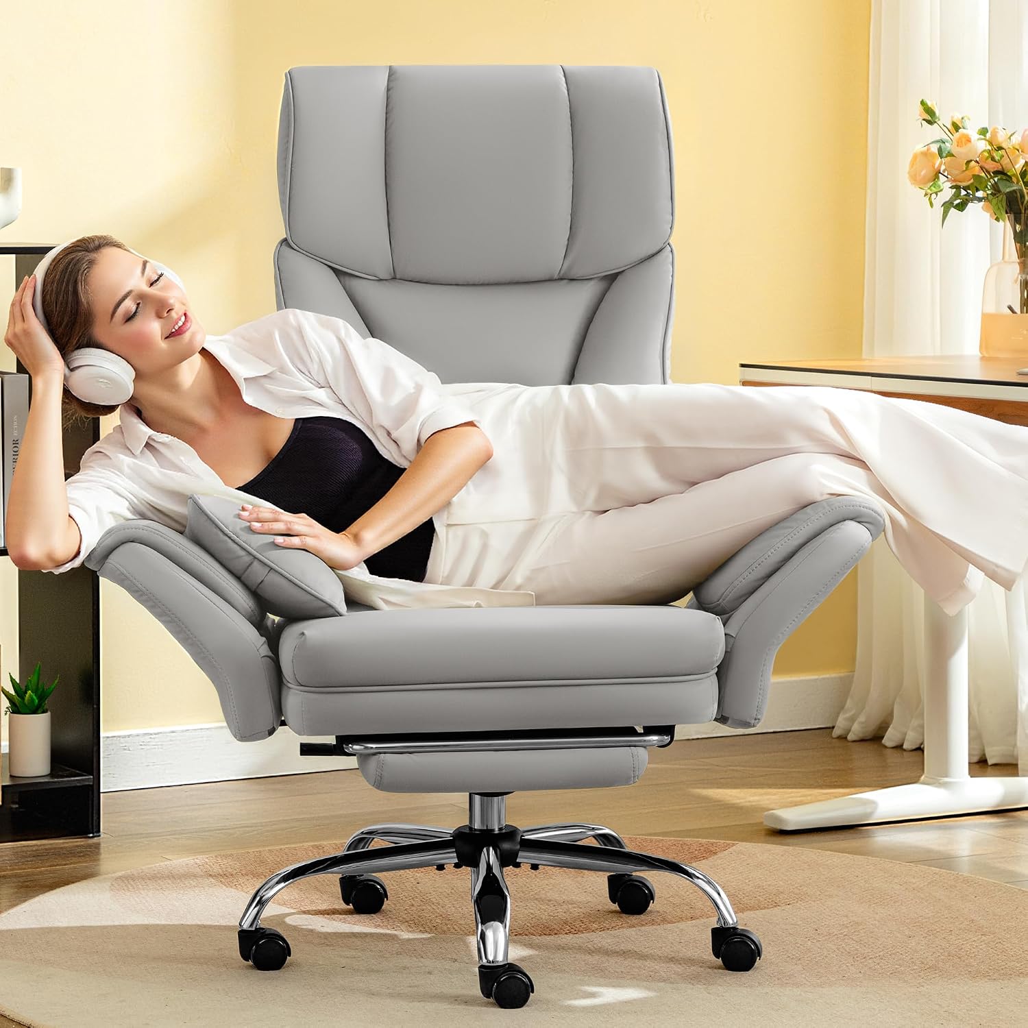 FelixKing Big and Tall Office Chair, 400LBS Wide Leather Executive Chair, Reversible Armrest for Pets Criss Cross Legged, 135° Reclining High Back Gaming Desk Chair with Lumbar Support Footrest, Gray