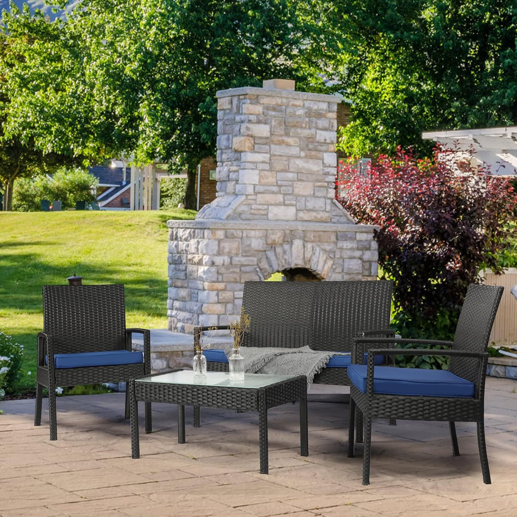 PAOLFOX4 Piece Outdoor Patio Furniture Set, Rattan Patio Conversation Set with Table,Modern Wicker Chairs and Table Sets,Outdoor Furniture for Porch, Garden, Lawn, Blue