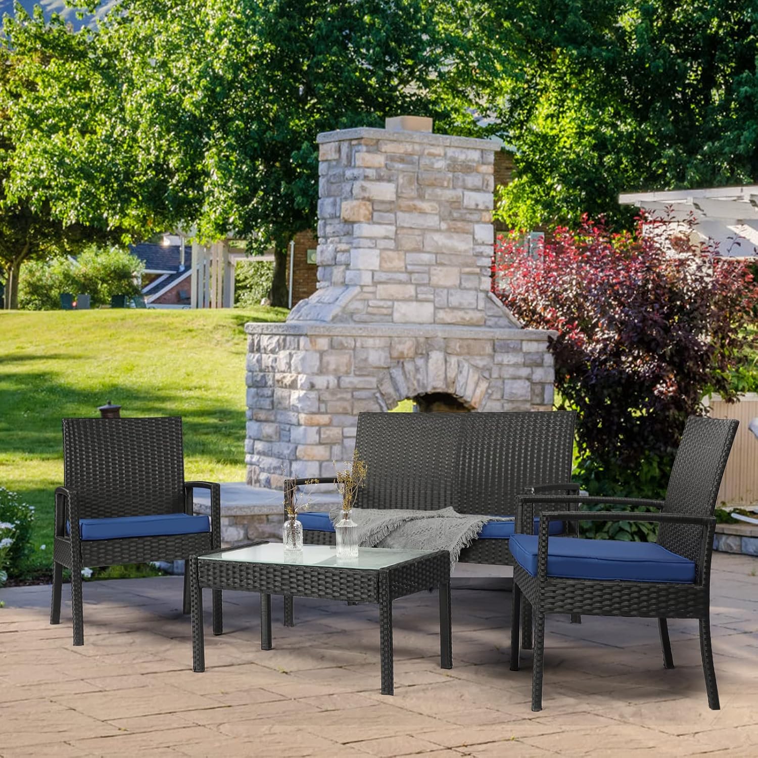 PAOLFOX4 Piece Outdoor Patio Furniture Set, Rattan Patio Conversation Set with Table,Modern Wicker Chairs and Table Sets,Outdoor Furniture for Porch, Garden, Lawn, Blue