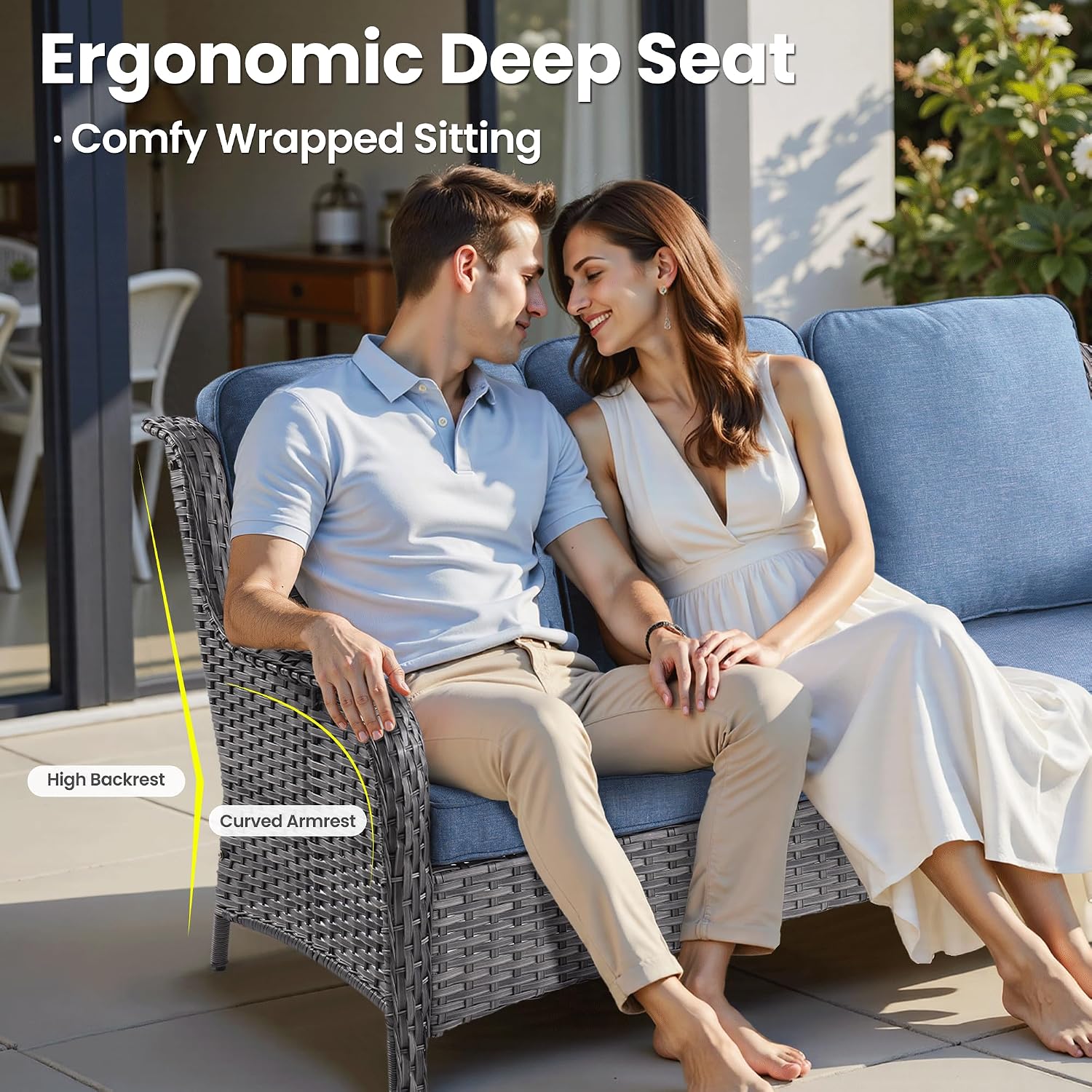 ovios 7-Piece Patio Furniture Set with Swivel Chairs Side Table, Outdoor Wicker Sofa with 42' Fire Pit Table, High Back Couch Modern Conversation Sets, Grey/Denim Blue