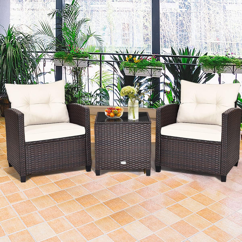 COSTWAY 3PCS Patio Furniture Set, PE Rattan Wicker Sofa w/Washable Cushion and Coffee Table, Tempered Glass Tabletop, Outdoor Conversation Set for Balcony, Porch, Yard, Backyard, Lawn, White