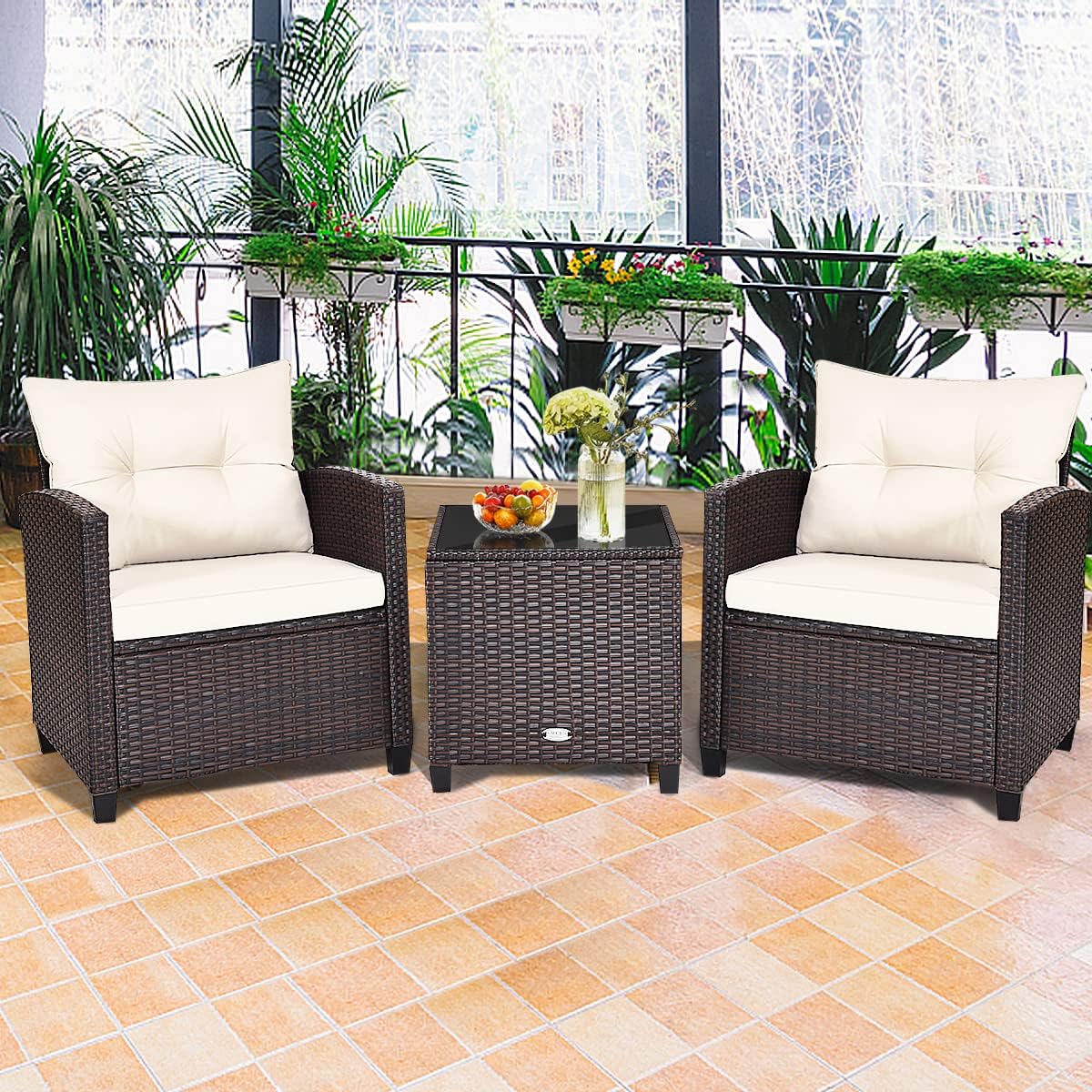 COSTWAY 3PCS Patio Furniture Set, PE Rattan Wicker Sofa w/Washable Cushion and Coffee Table, Tempered Glass Tabletop, Outdoor Conversation Set for Balcony, Porch, Yard, Backyard, Lawn, White