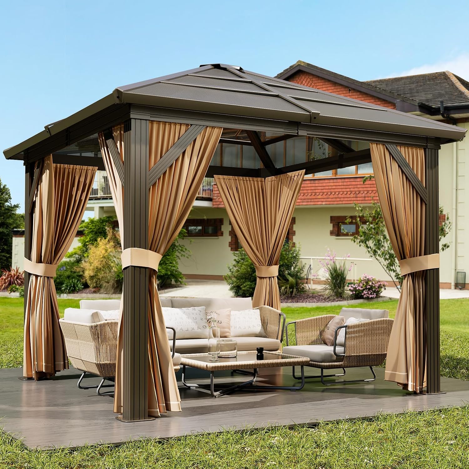GAOMON 10'x12' Hardtop Gazebo, Outdoor Polycarbonate Double Roof Canopy, Aluminum Frame Permanent Pavilion with Curtains and Netting, Sunshade for Garden, Patio, Lawns (10x12ft), Brown