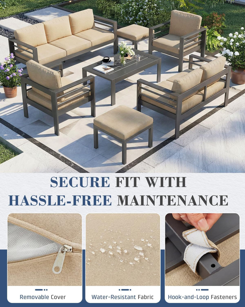 AECOJOY Aluminum Patio Furniture Set, 9 Seats Modern Outdoor Furniture with Coffee Table, 7 Pieces Metal Conversation Sectional Sofa, Beige