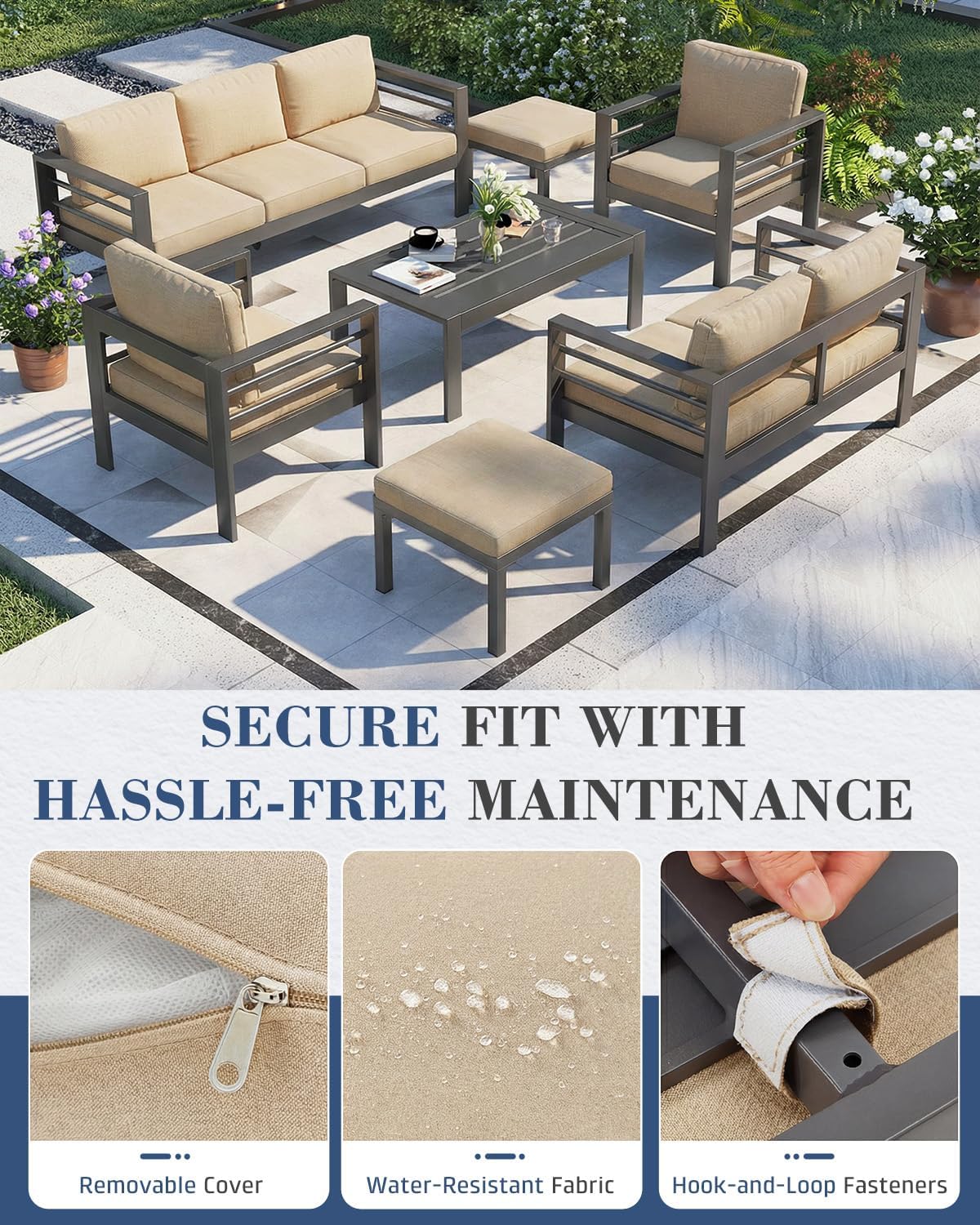 AECOJOY Aluminum Patio Furniture Set, 9 Seats Modern Outdoor Furniture with Coffee Table, 7 Pieces Metal Conversation Sectional Sofa, Beige