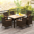 COSTWAY 7-Piece Patio Dining Set for 6, Outdoor Rattan Wicker Table and Chairs Furniture Set with Umbrella Hole, Acacia Wood Tabletop for Backyard, Balcony, Poolside, Brown & Beige