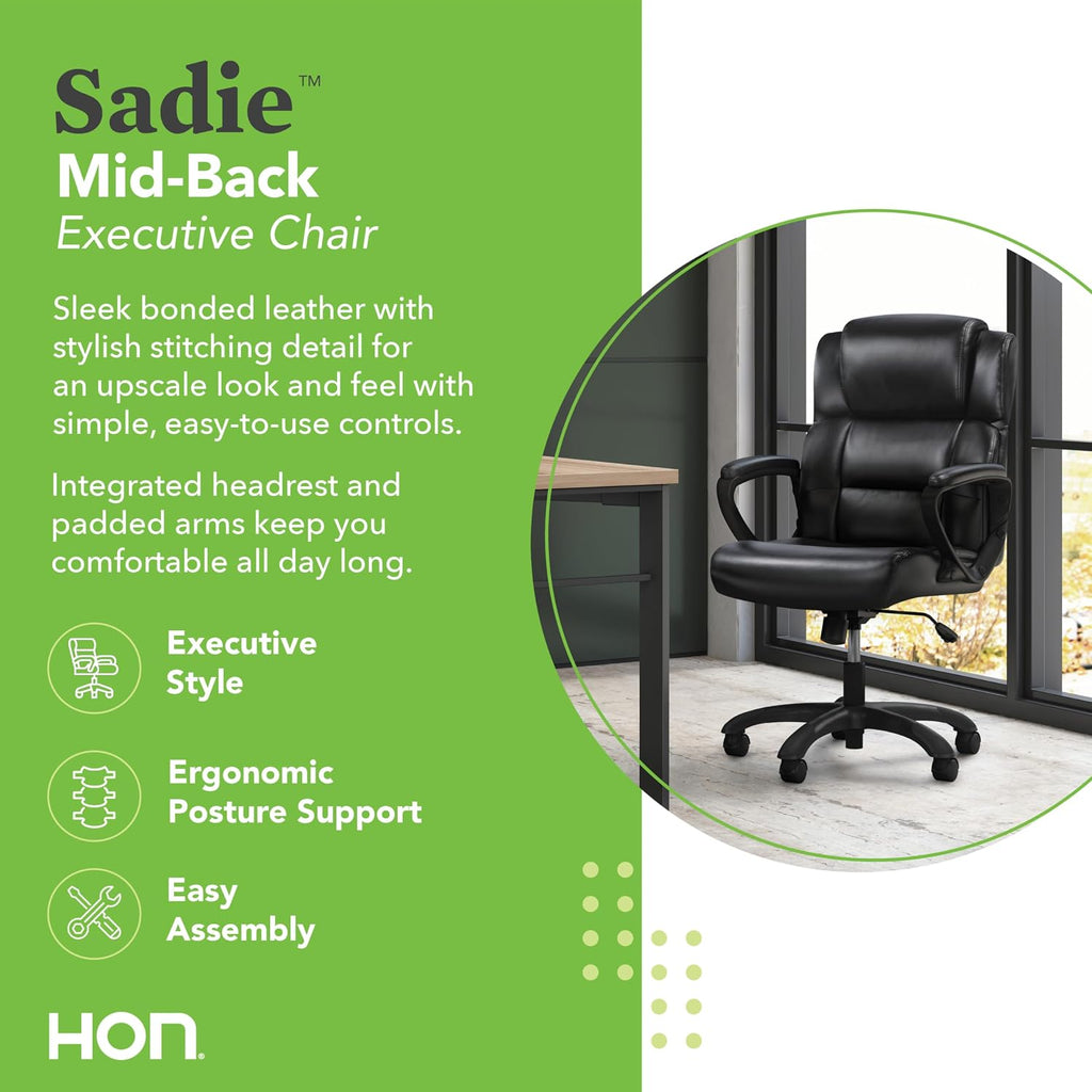 HON Sadie Executive Chair, Leather Ergonomic Office Chair with Adjustable Arms and Back Support, 360 Swivel, Black