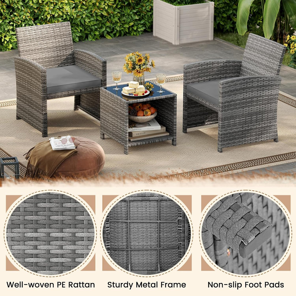 KOTEK 3 Piece Patio Furniture Set, Outdoor Wicker Patio Chairs with Cushions & Storage Table, PE Rattan Bistro Set for Porch, Backyard, Balcony (Grey)