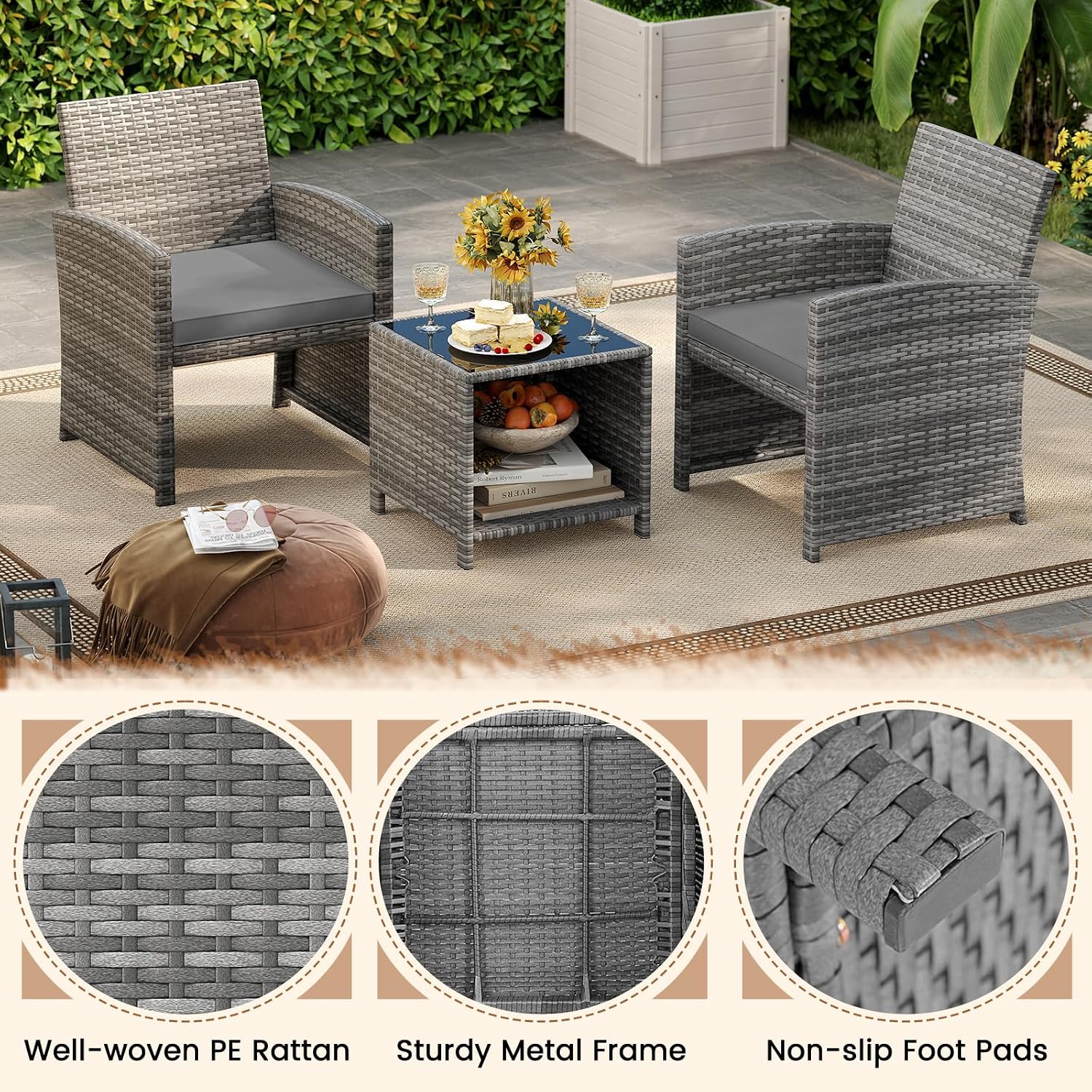 KOTEK 3 Piece Patio Furniture Set, Outdoor Wicker Patio Chairs with Cushions & Storage Table, PE Rattan Bistro Set for Porch, Backyard, Balcony (Grey)